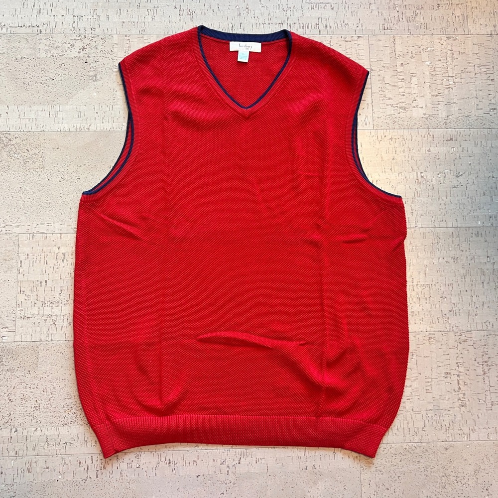 Turnbury Sweater Vest Mens XL Red Navy Trim V-Neck Cotton Knit Good Preppy Golf